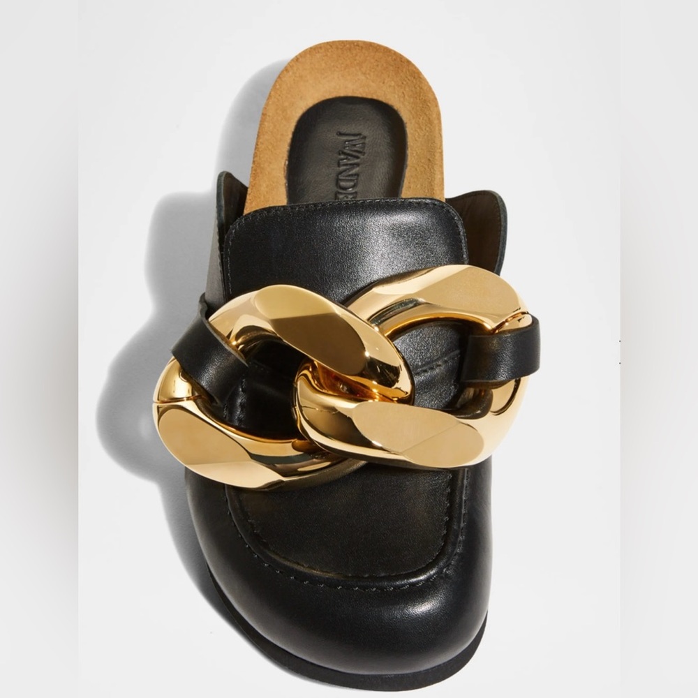 Black Leather Loafers with Gold Chain Accent